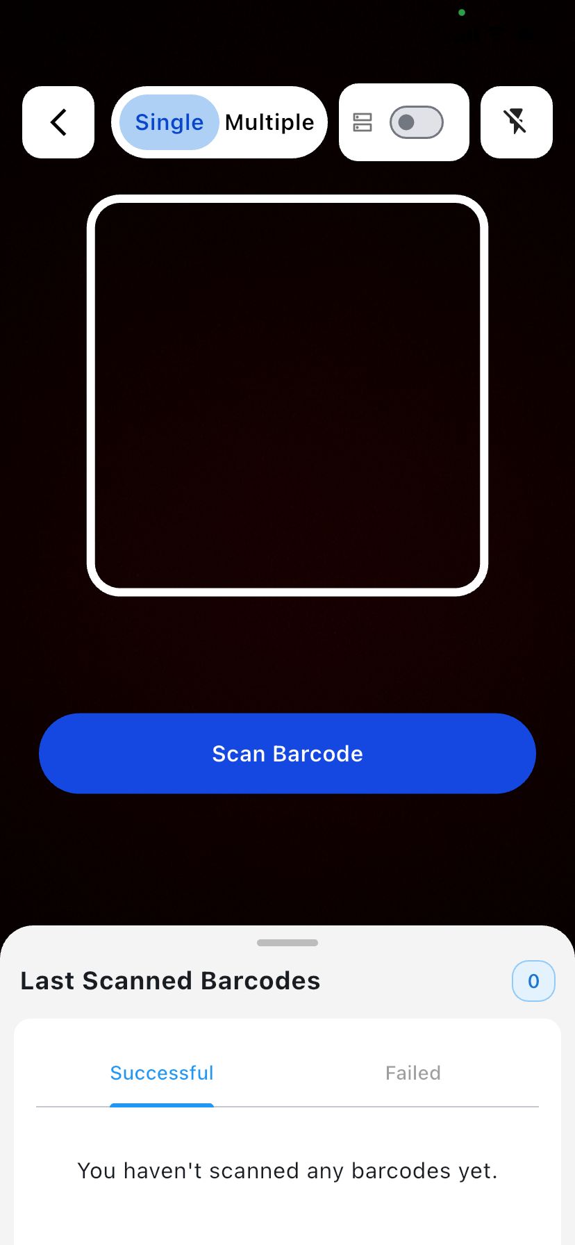 Tekli modda Scan Barcode düğmesiyle kamera okutma ekranı