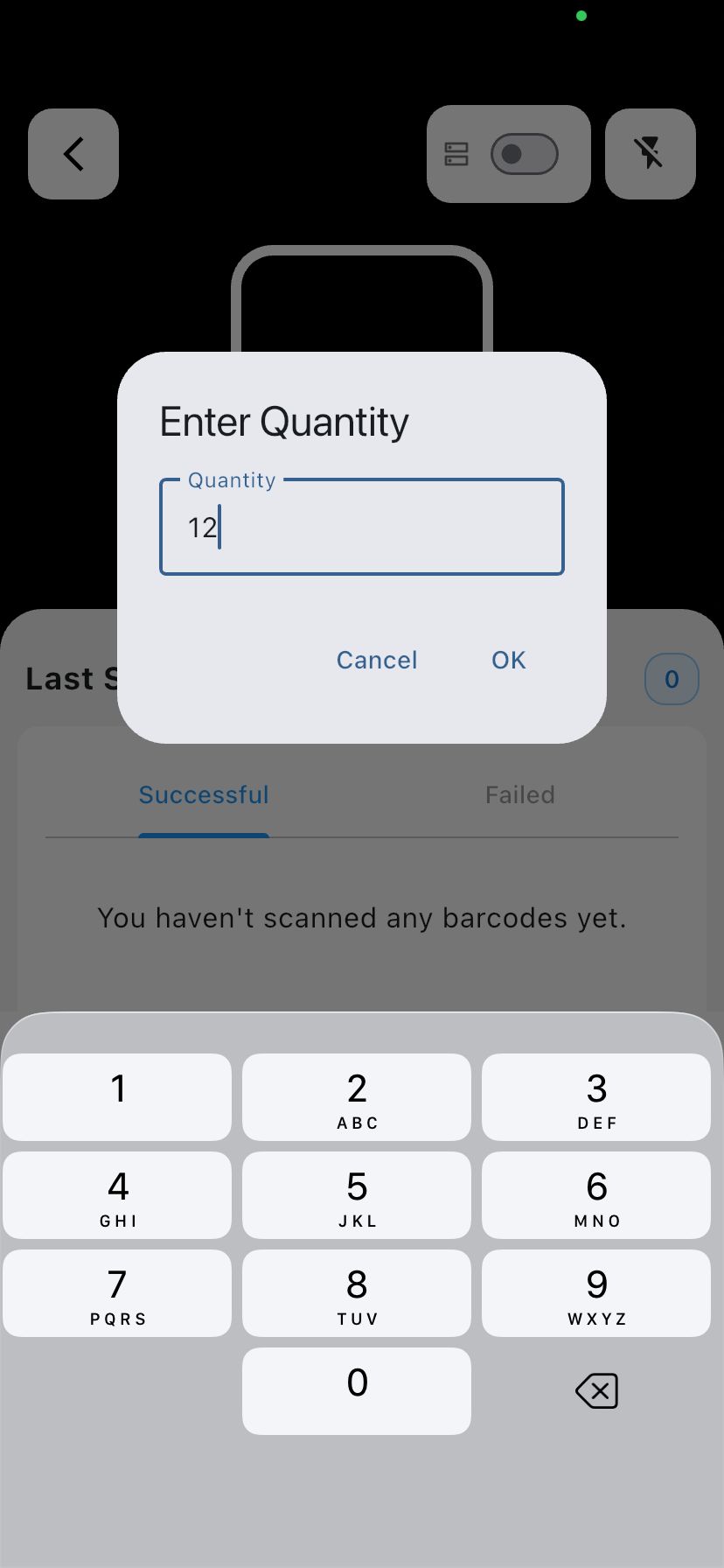 Barcode scanned, quantity popup