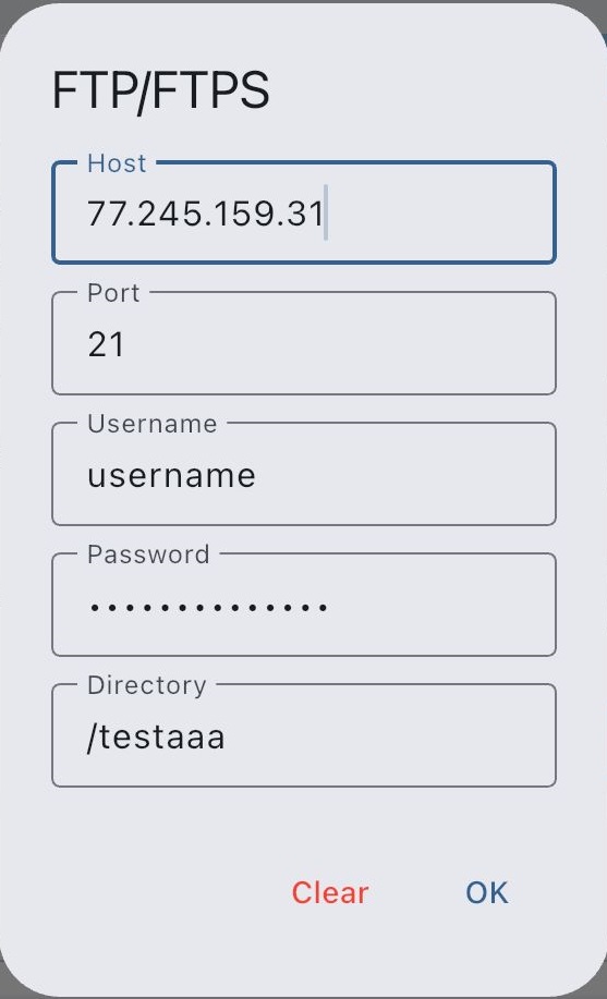 FTP/FTPS popup with connection details and folder field