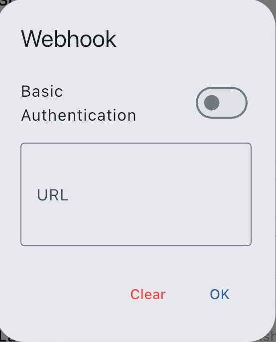 Webhook popup with URL and authentication fields