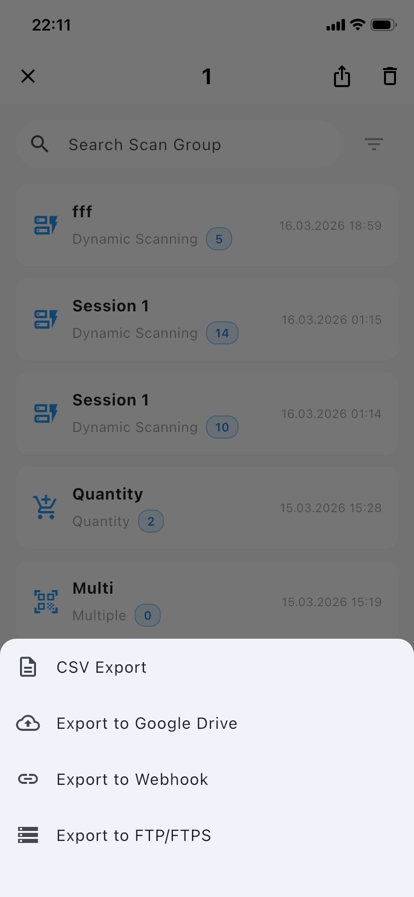 Export menu with CSV, Google Drive, FTP/FTPS and Webhook options