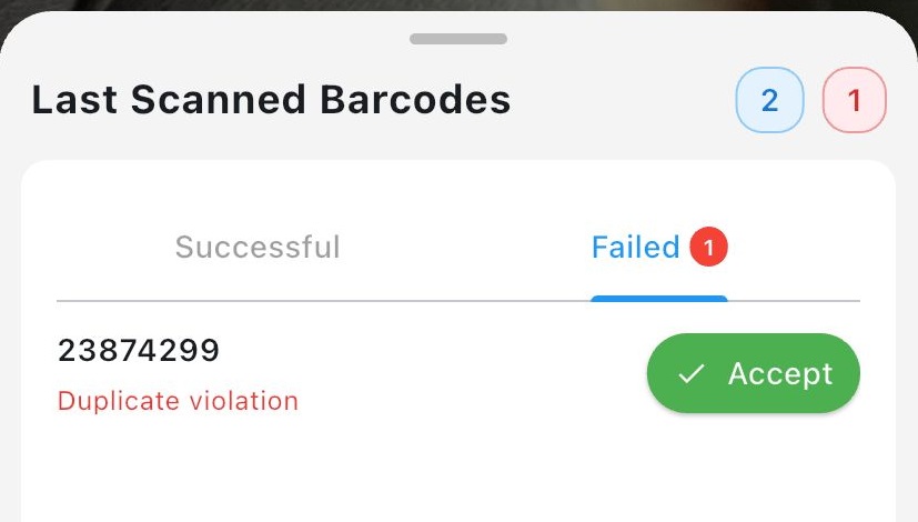 Failed list on barcode scan screen