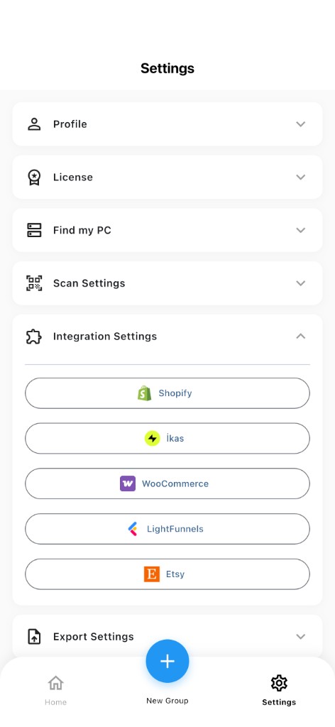 WiScanner settings screen showing Integration Settings and the ikas channel option.