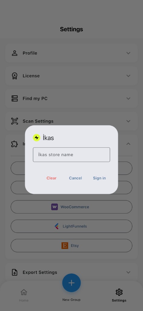 WiScanner ikas sign-in modal asking for ikas store name.