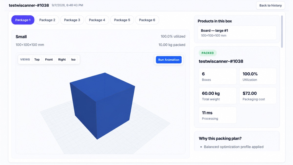WiCartonize 3D packing preview of a package with utilization, weight and a packing plan explanation