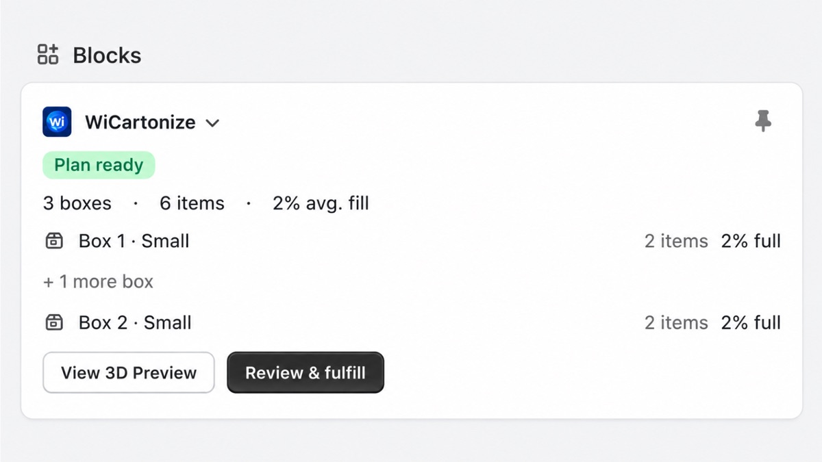 WiCartonize block on a Shopify order showing a ready packing plan with boxes, items and fill, plus View 3D Preview and Review and fulfill buttons
