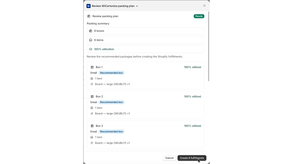 WiCartonize review packing plan dialog listing recommended boxes and items before creating Shopify fulfillments