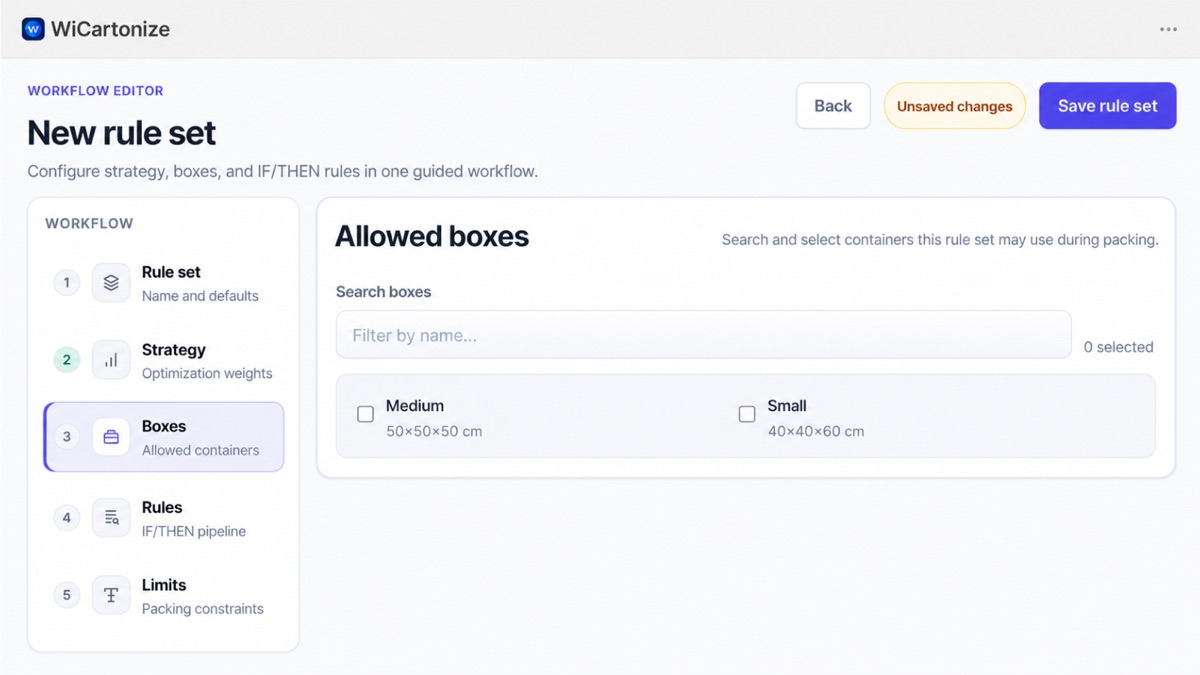 WiCartonize rule set editor with steps for strategy, allowed boxes, IF/THEN rules and limits