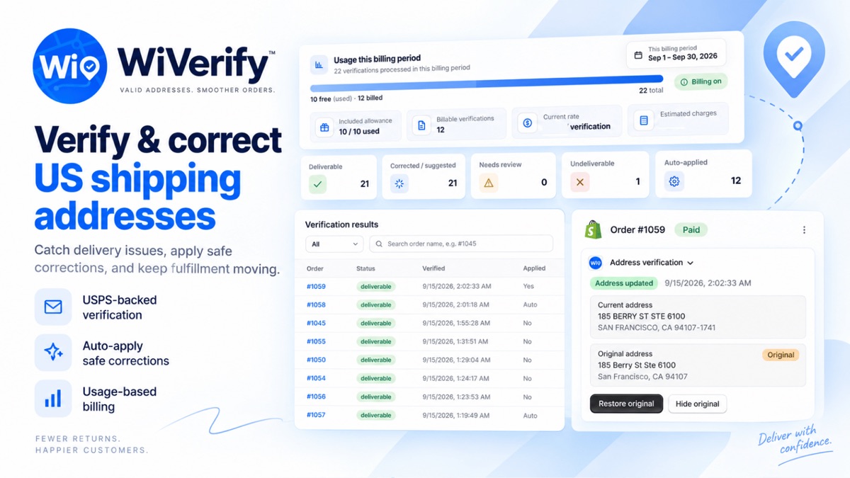 Shopify yönetim panelinde WiVerify: doğrulama sonuçları listesi, durum özeti ve siparişteki Address verification bloğu